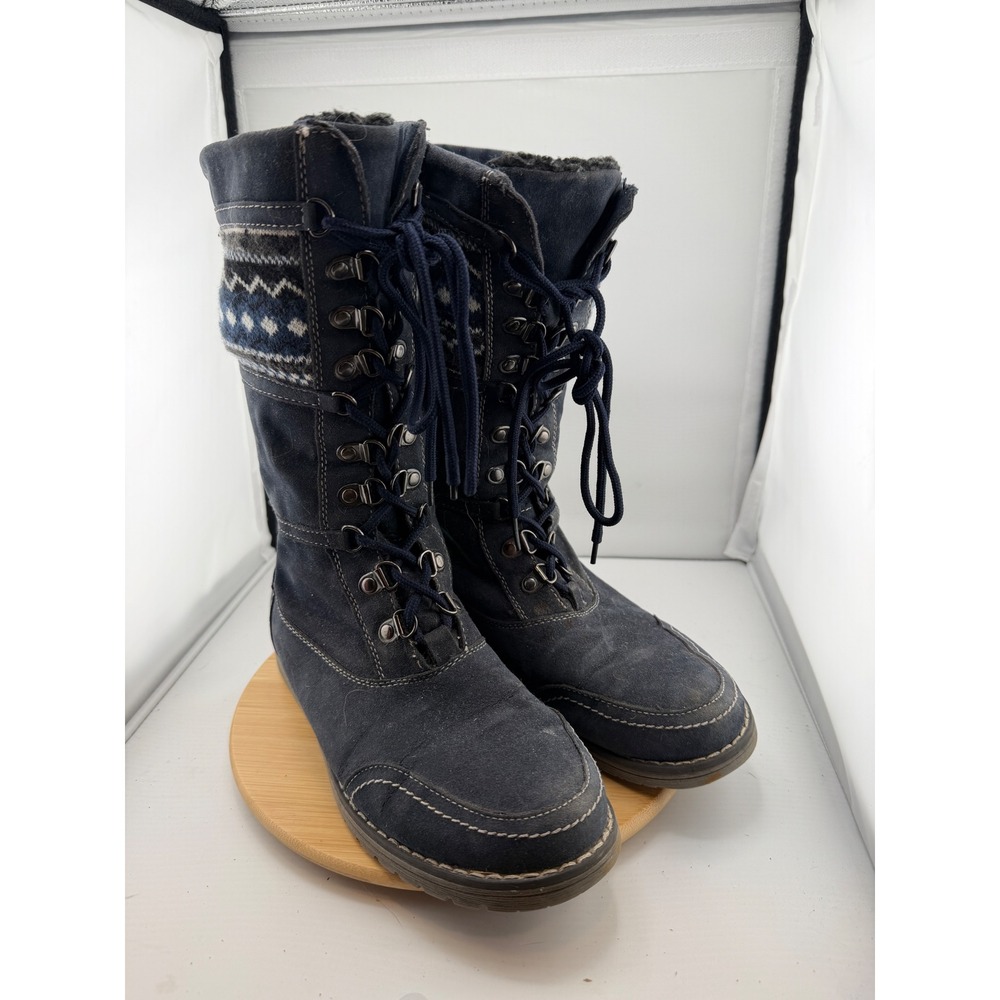 Muk Luks Navy Blue Faux Suede Fair Isle Knit Tall Lace Up Winter Boots Womens 7